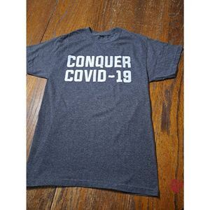 Small Conquer Covid 19 Grey White Short Sleeve Crew Neck Pullover Tee Tshirt Top